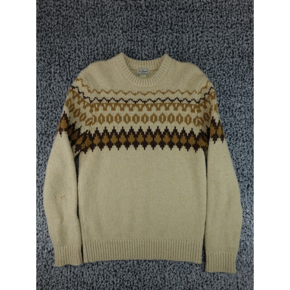 LL Bean Lambswool Fair Isle Sweater Mens Small Beige 515581 Crewneck Heritage